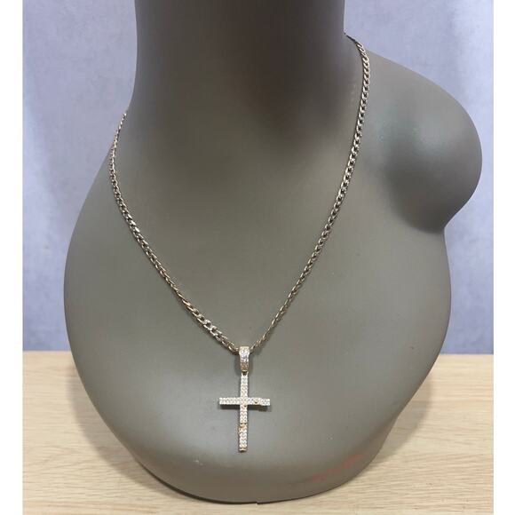 Vintage 925 Italy Gold Tone Rhinestone Cross Pendant Necklace - Picture 1 of 10